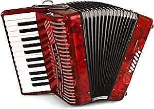 Acordeón de piano de nivel básico Hohner 1303-Red de 12 bajos con funda y correa en acabado rojo perlado